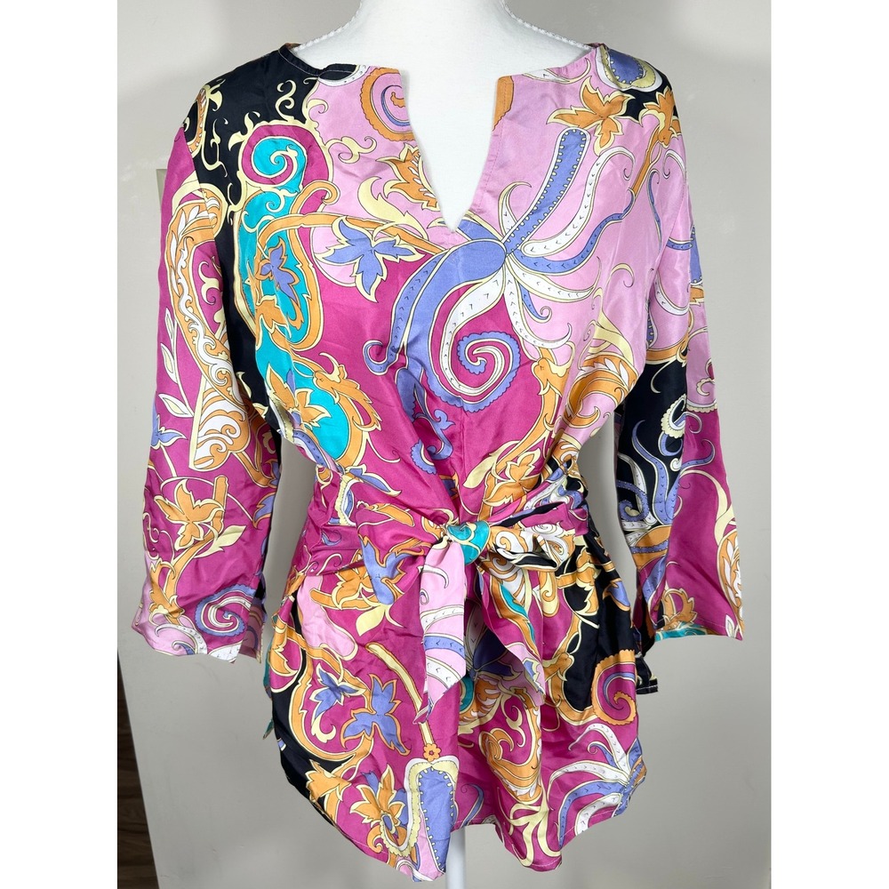 VTG Coldwater Creek Paisley Silk Tie Waist Tunic Top Women's PM BOHO‎ Chic Artsy